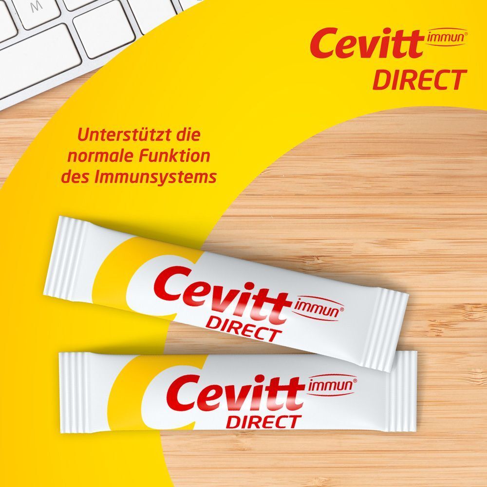 Zwei Cevitt immun® Direct Einzelbeutel auf Holzoberfläche. Text: Unterstützt die normale Funktion des Immunsystems.