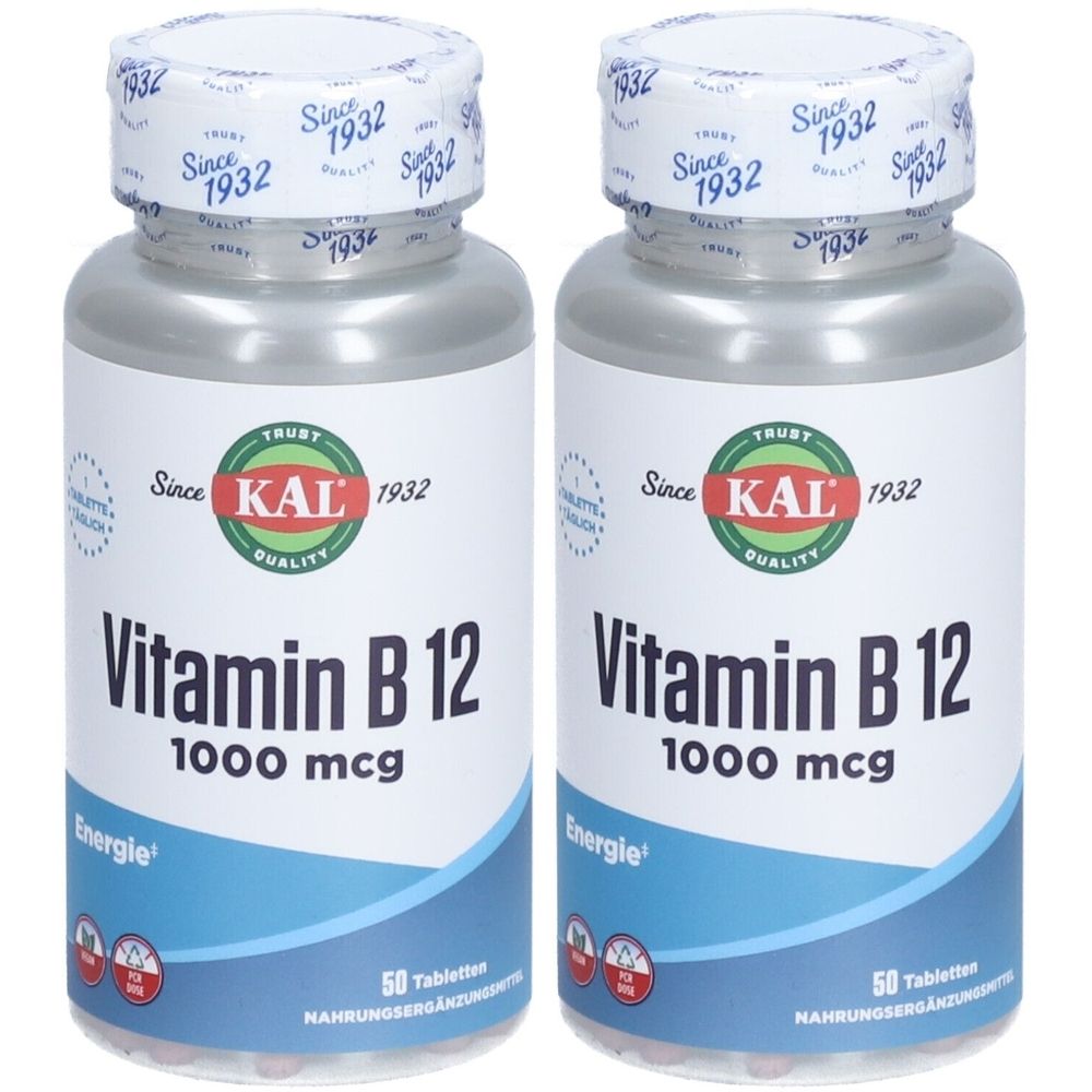 Zwei Flaschen Vitamin B12 Tabletten. Aufschrift: KAL, Vitamin B12 1000 mcg. 50 Tabletten. Seit 1932.