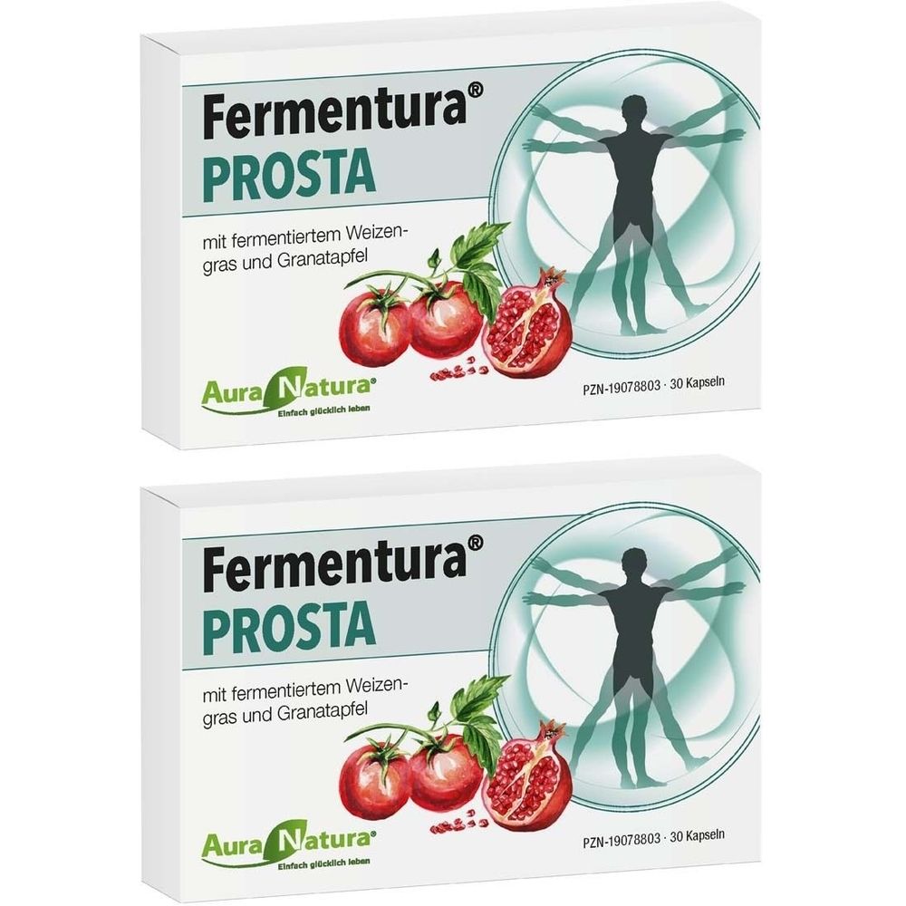 Zwei weiße Schachteln mit Produktnamen Fermentura® PROSTA. Abbildung von Granatapfel und Tomaten. Marke Aura Natura.