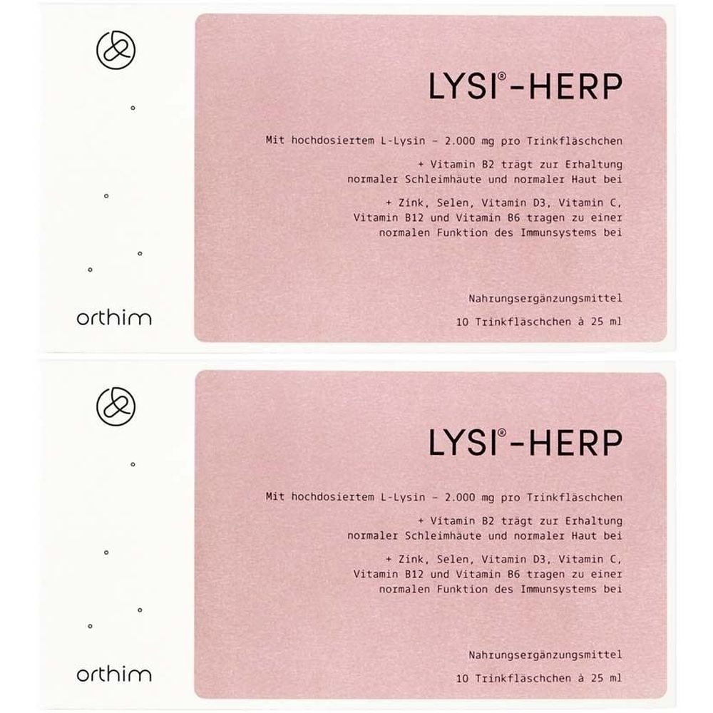Zwei Packungen Lysi®-Herp. Rosa-weiße Verpackung mit Produktnamen, Inhaltsstoffen und orthim-Logo.