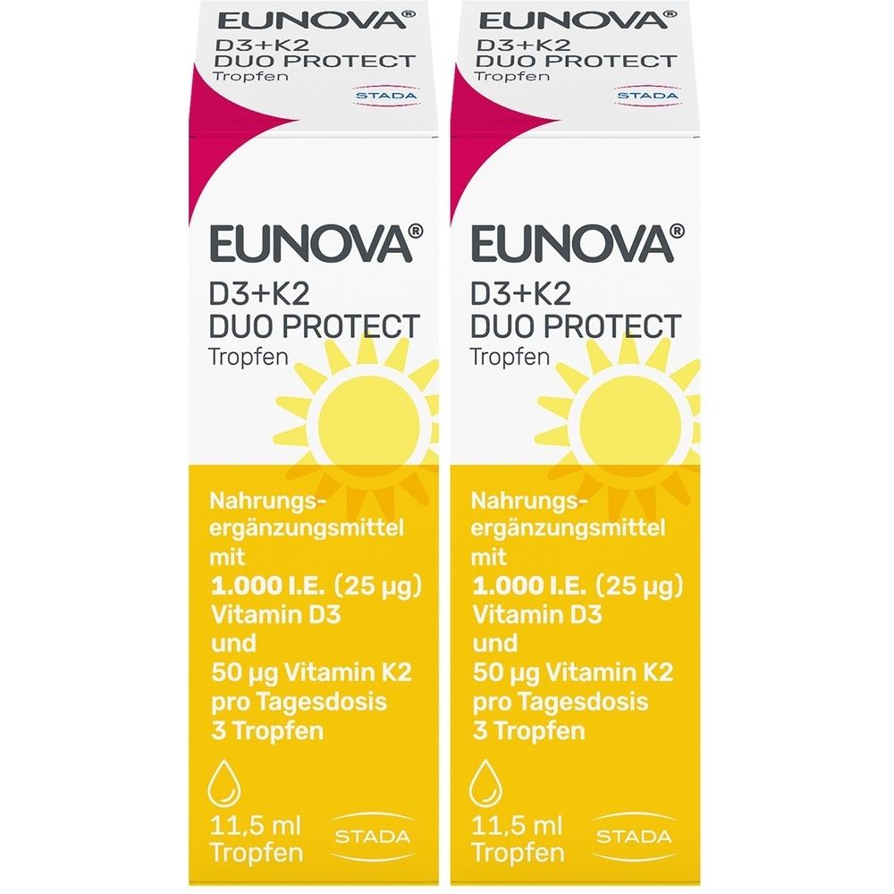 Zwei Flaschen EUNOVA® DuoProtect Vitamin D3+K2 Tropfen. Weiße Verpackung mit gelben und pinken Akzenten. Produktname und Inhaltsstoffe deutlich sichtbar.