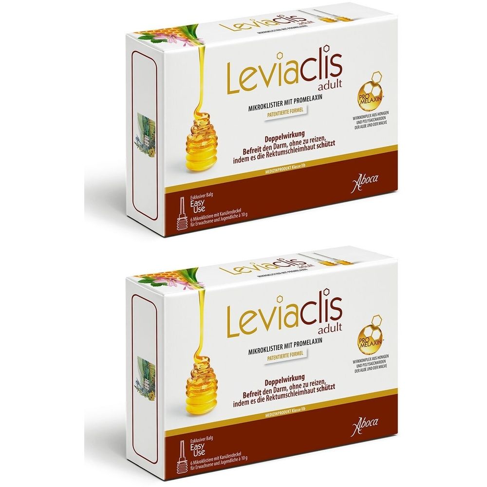 Zwei weiße Kartons mit Produktaufdruck. Aufschrift: Leviaclis adult. Abbildung von Honig. Text: Mikroklistiere mit Promelax.