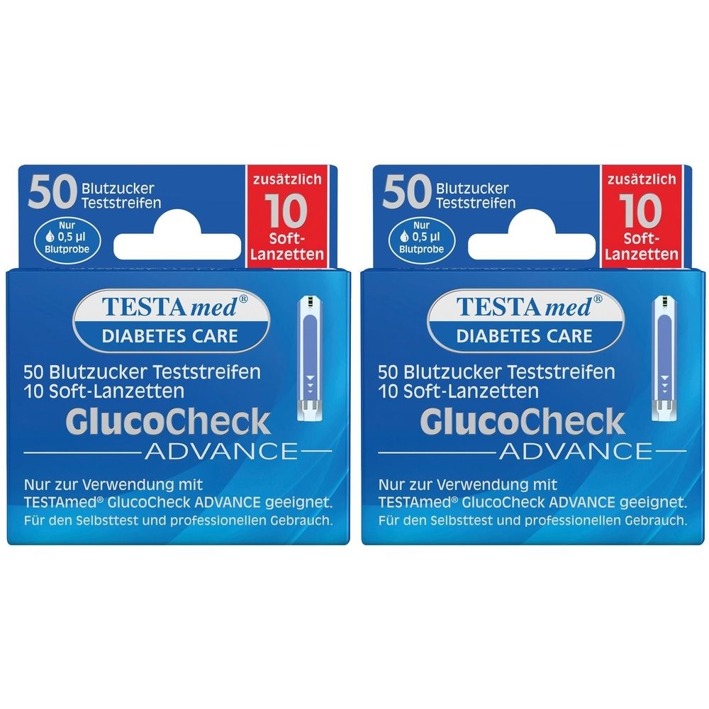 Zwei Packungen TESTAmed GlucoCheck ADVANCE Teststreifen. Jede Packung enthält 50 Teststreifen und 10 Lanzetten.