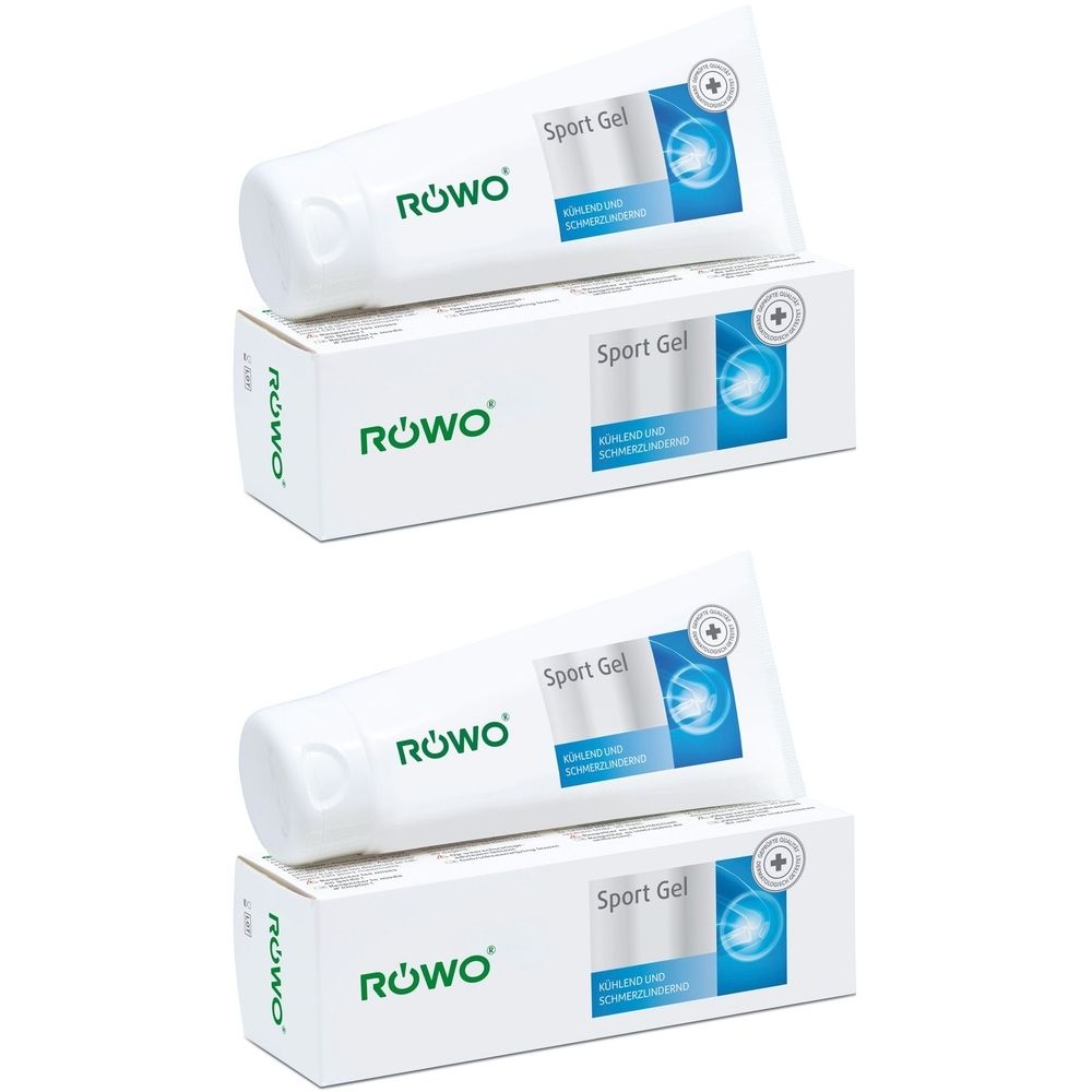 Zwei Tuben und zwei Kartons RÖWO Sportgel. Weiße Tuben und Kartons mit grüner Schrift. Aufschrift: Sport Gel.