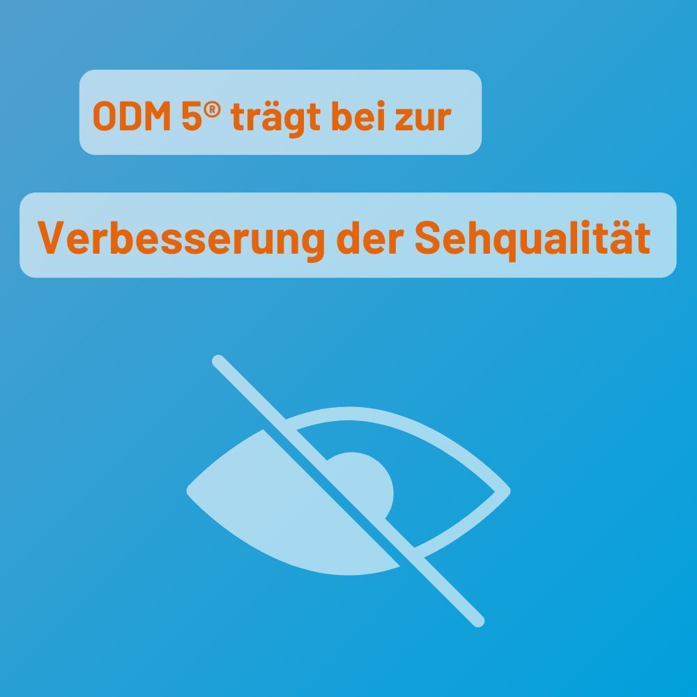 Blauer Hintergrund mit Auge und durchgestrichenem Symbol. Text: ODM 5® trägt bei zur Verbesserung der Sehqualität.
