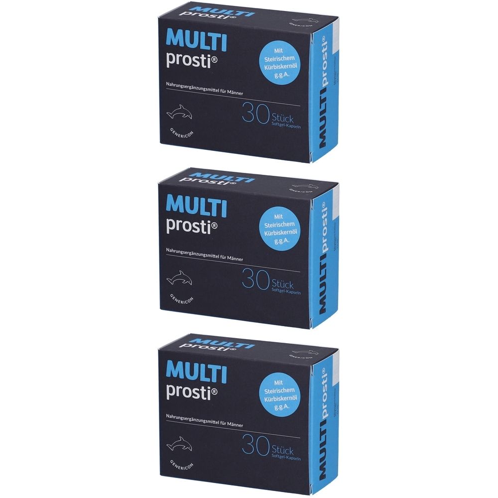 Drei Schachteln MULTIprosti. Schwarze Verpackung mit weißer Schrift. Enthält 30 Stück. Blaue Akzente.