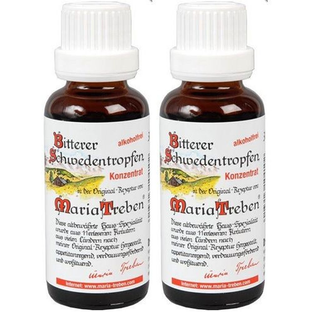 Zwei braune Glasflaschen mit weißem Verschluss. Auf den Etiketten steht "Bitterer Schwedentropfen Konzentrat" und "Maria Treben".