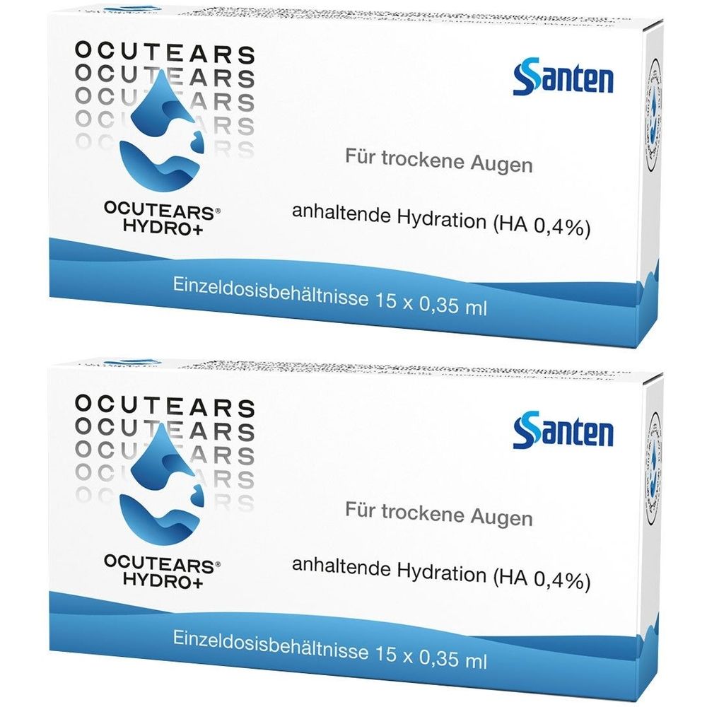 Zwei weiße Kartons mit blauer Schrift. Oben steht OCUTEARS. Darunter HYDRO+. Text: Für trockene Augen, anhaltende Hydration (HA 0,4%).