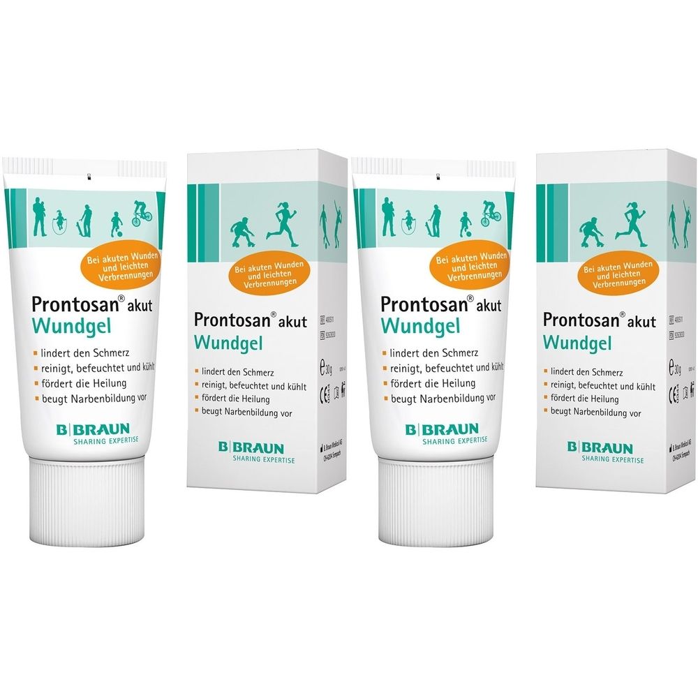 Vier Tuben und Verpackungen von Prontosan akut Wundgel. Weiße Tuben mit grünem und orangefarbenem Design. Text: lindert Schmerz, fördert Heilung.