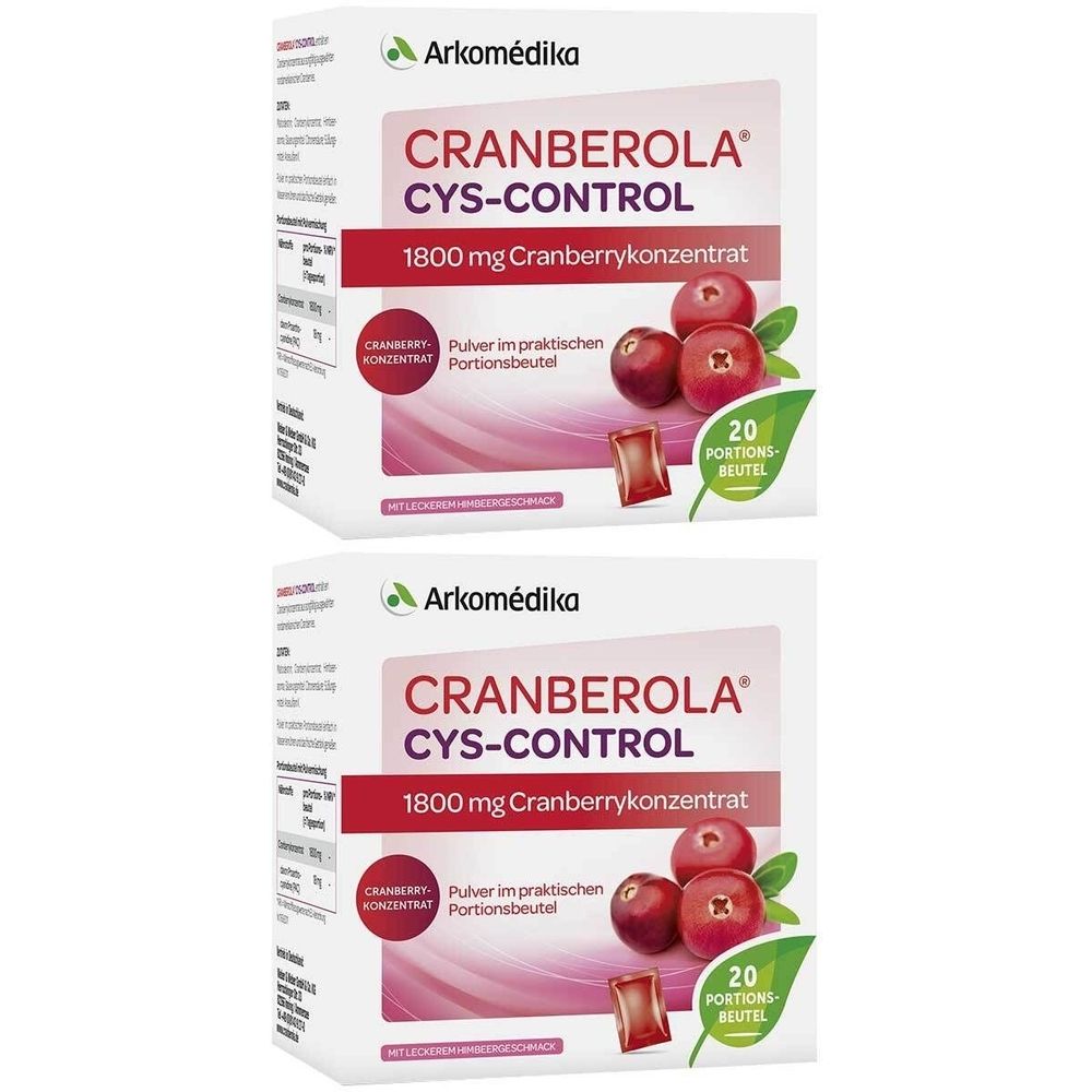 Zwei Kartons Cranberola Cys-Control. Aufdruck: 1800 mg Cranberrykonzentrat, 20 Portionsbeutel. Abbildung von Cranberrys.