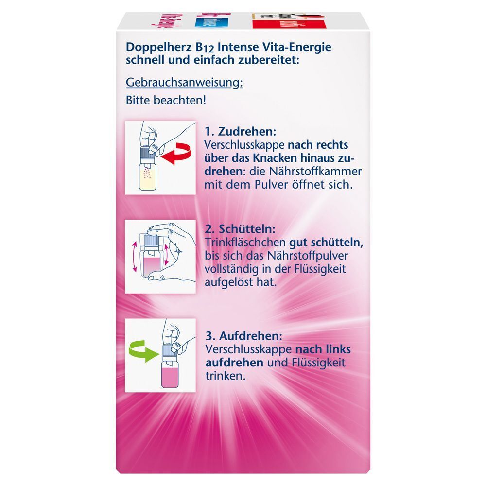 Seitenansicht einer Doppelherz B12 Intense Vita-Energie Packung mit Gebrauchsanweisung in drei Schritten.
