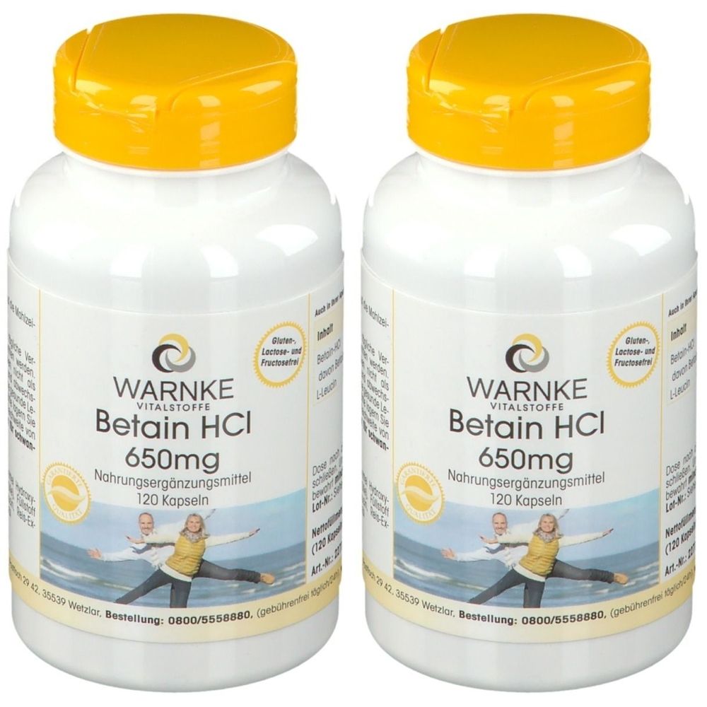 Zwei weiße Flaschen mit gelben Deckeln. Aufschrift: WARNKE VITALSTOFFE, Betain HCl 650mg, Nahrungsergänzungsmittel, 120 Kapseln.
