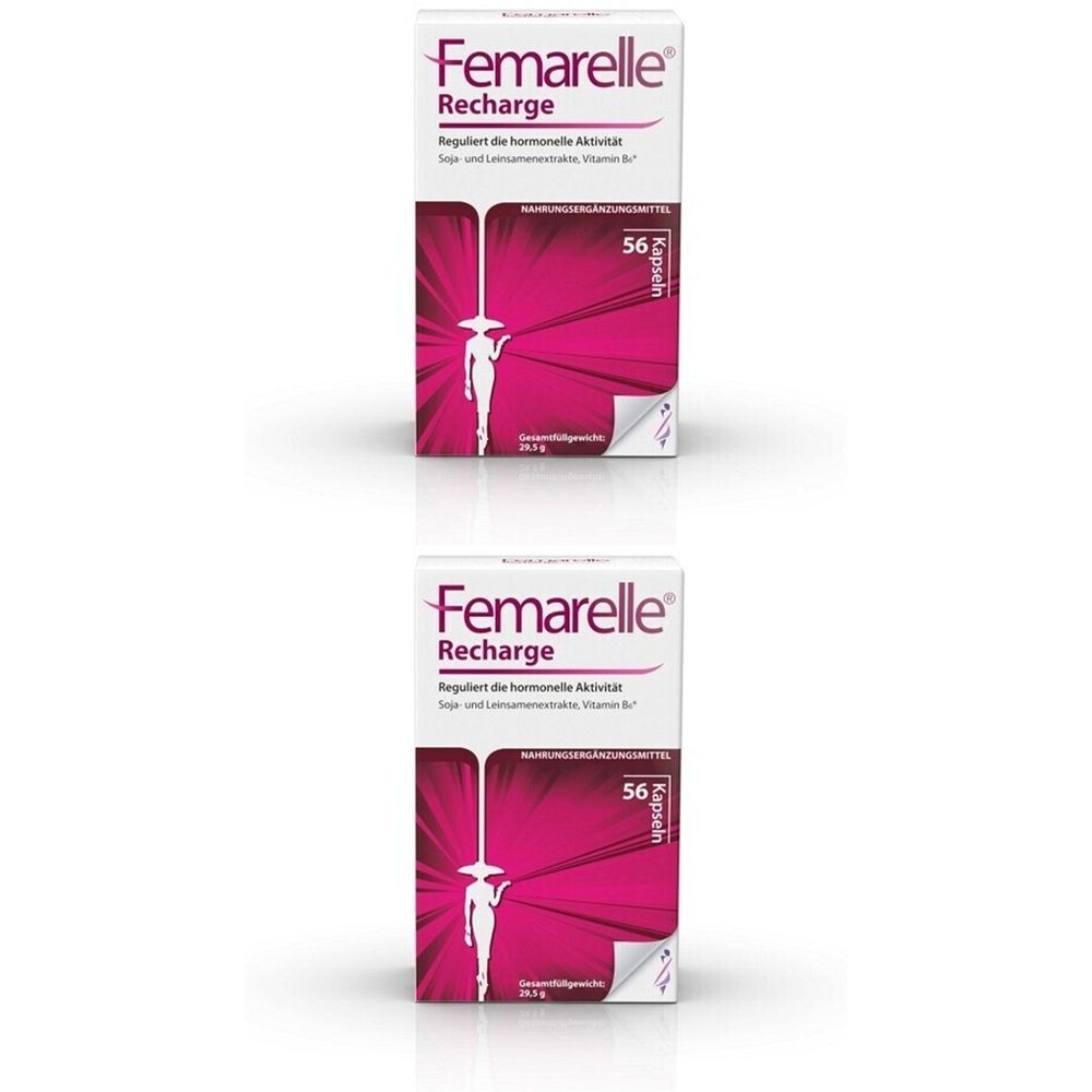 Zwei Packungen Femarelle Recharge. Weiße Schachteln mit pinkfarbenem Design und Produktnamen. Enthält 56 Kapseln.