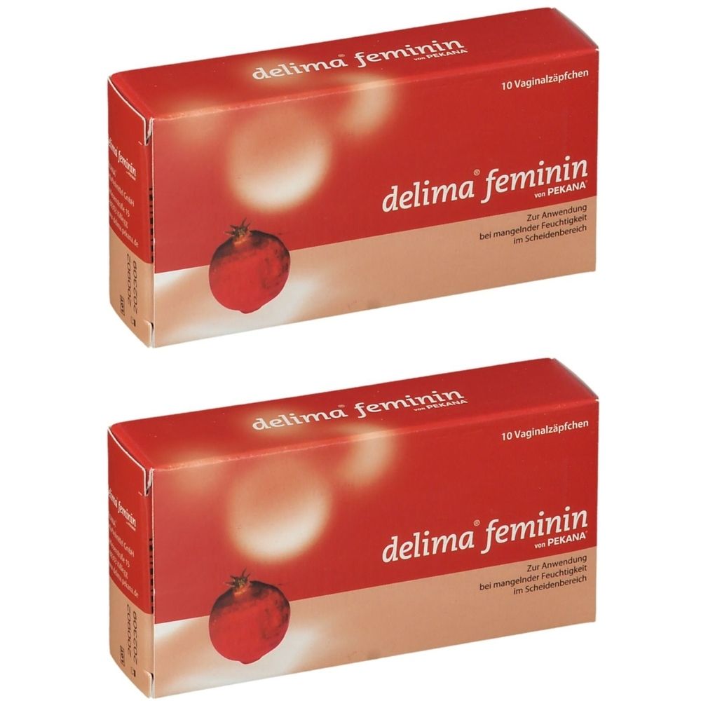 Zwei rote Kartons mit der Aufschrift "delima feminin". Auf jedem Karton ist eine Granatapfel-Abbildung.