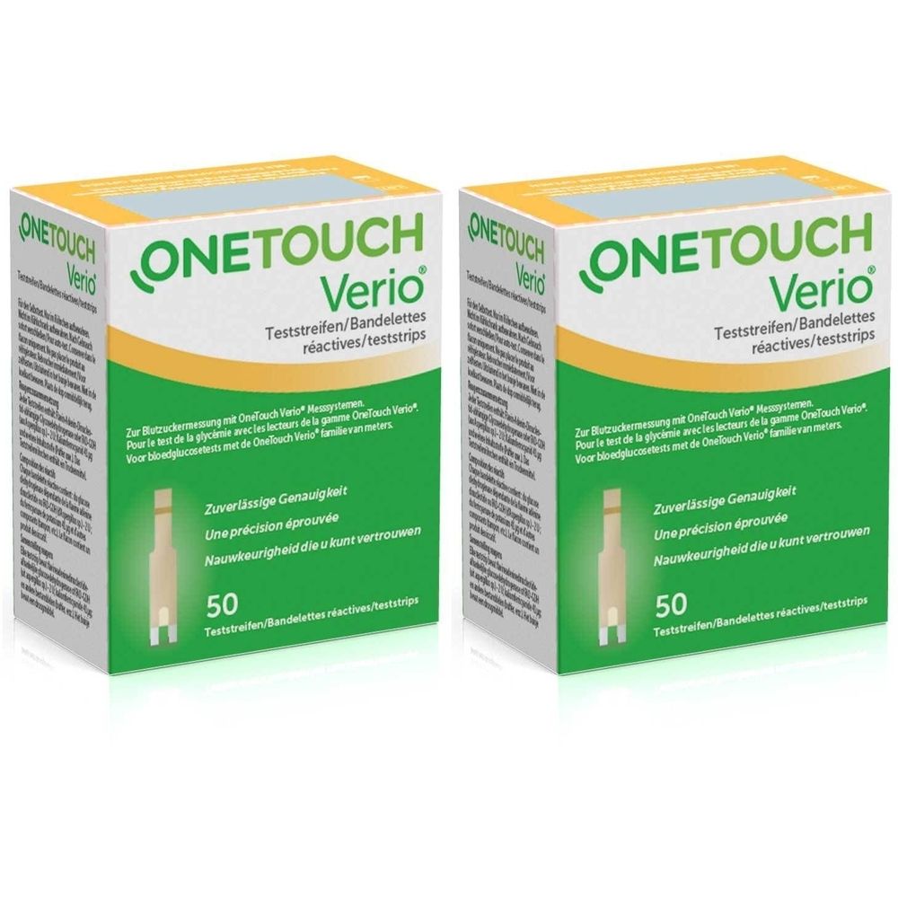 Zwei Packungen OneTouch Verio Teststreifen. Aufschrift: Teststreifen/Bandelettes réactives/teststrips. 50 Stück. Grüne und gelbe Akzente.