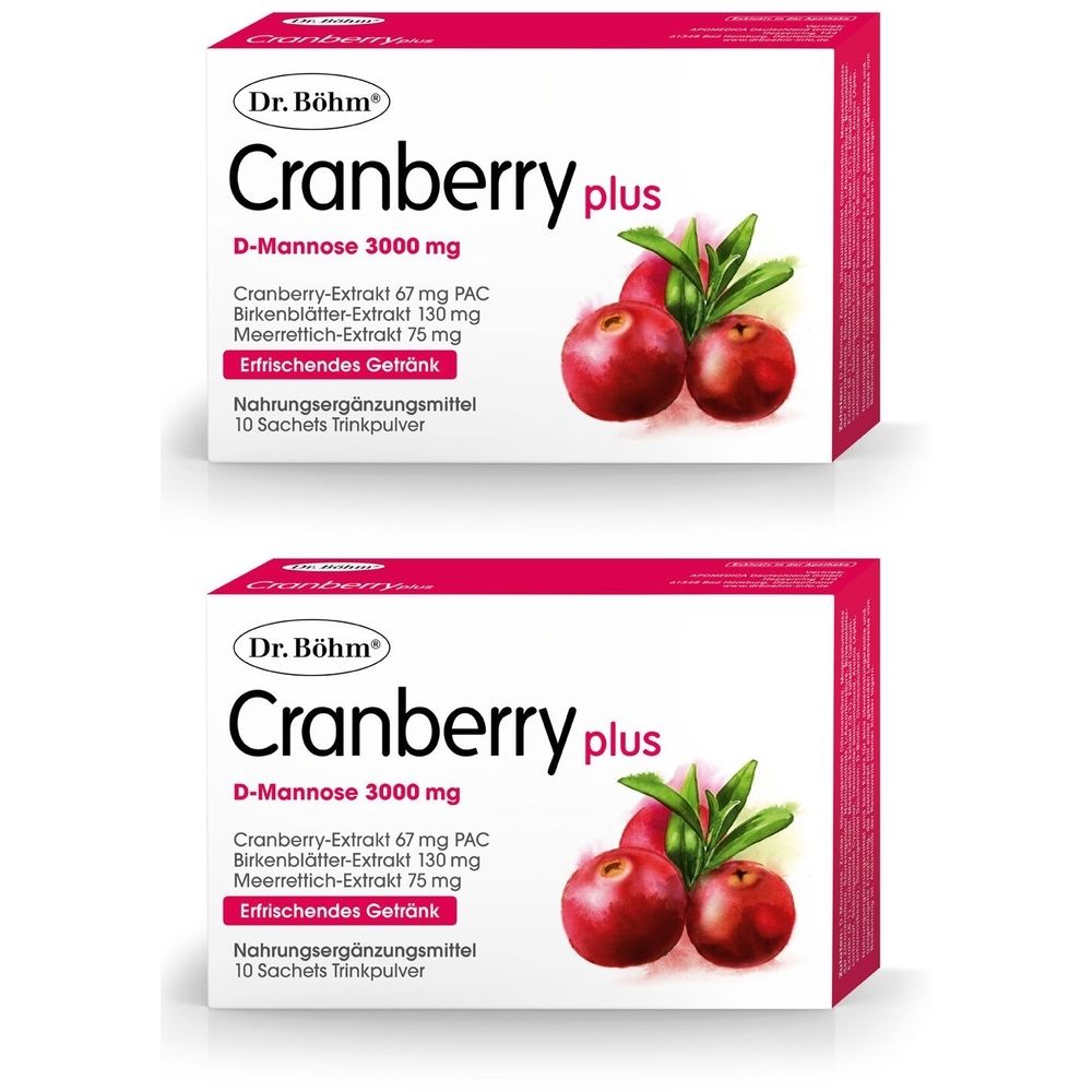 Zwei Packungen Dr. Böhm Cranberry plus. Weiße Schachtel mit roter Schrift und Cranberry-Abbildung. Enthält Nahrungsergänzungsmittel.