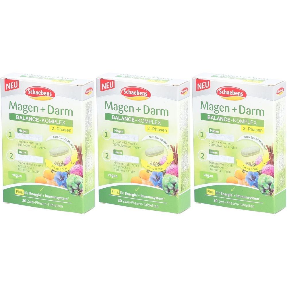 Drei Schachteln mit der Aufschrift "Schaebens Magen+Darm BALANCE-KOMPLEX". Grün-weißes Design, Produktinformationen und das Wort "NEU".