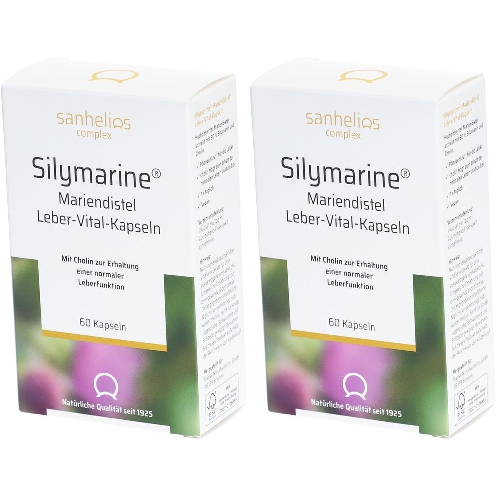 Zwei weiße Kartons mit Aufschrift Silymarine Mariendistel Leber-Vital-Kapseln. 60 Kapseln. sanhelios complex.