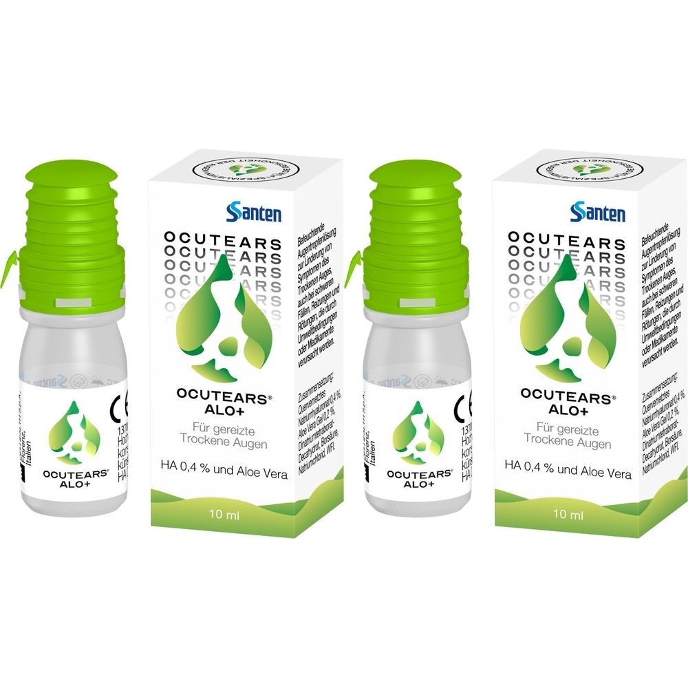 Mehrere Flaschen und Verpackungen von Ocutears Alo+. Flaschen mit grünem Verschluss und transparente Behälter. Verpackungen mit Logo und Produktinformationen.