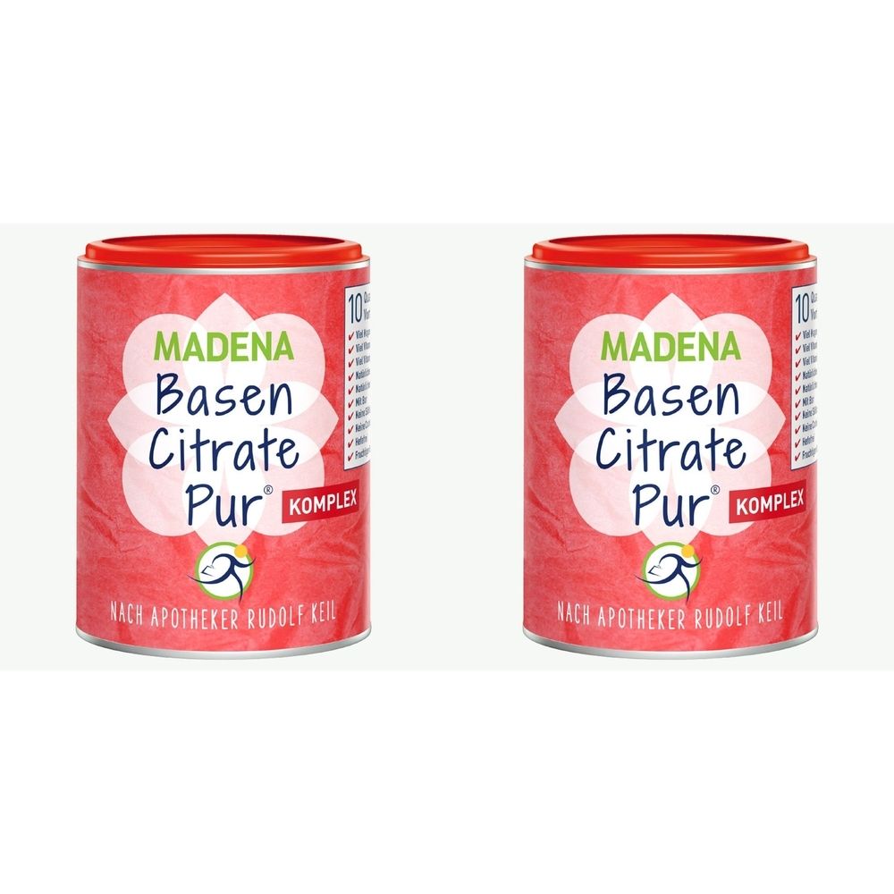 Zwei zylindrische Dosen mit rotem Deckel. Aufschrift: MADENA Basen Citrate Pur Komplex. Apotheker Rudolf Keil.