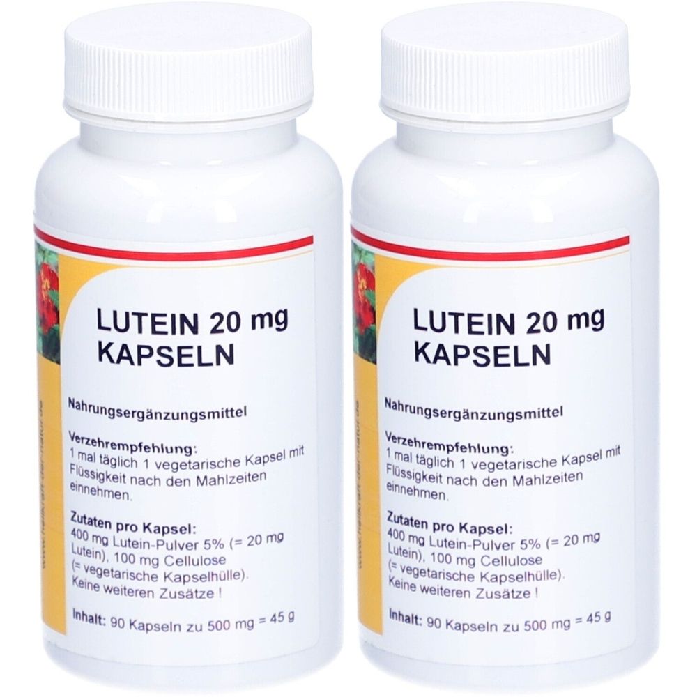 Zwei weiße Flaschen mit Schraubverschluss. Aufschrift: Lutein 20 mg Kapseln. Nahrungsergänzungsmittel. Enthält 90 Kapseln.