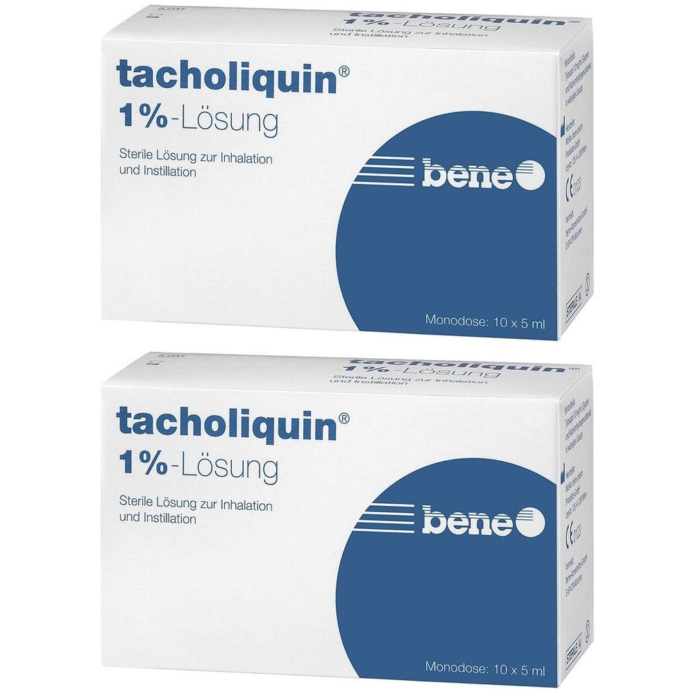Zwei weiße Kartons mit blauem Kreis. Aufschrift: tacholiquin® 1%-Lösung, bene. Monodose: 10 x 5 ml.