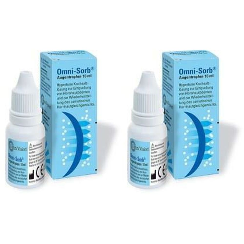Zwei Flaschen und zwei Schachteln Omni-Sorb Augentropfen. Blaue Schachteln mit weißer Schrift. Weiße Flaschen mit weißer Kappe.