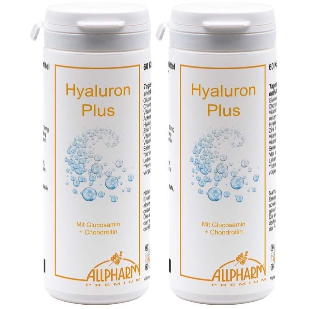 Zwei weiße Flaschen mit dem Aufdruck "Hyaluron Plus". Aufschrift "Mit Glucosamin + Chondroitin". Marke: ALLPHARM PREMIUM.