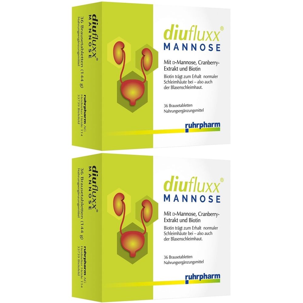 Zwei diufluxx® Mannose-Packungen. Grün-weiß Verpackung mit Produktnamen und Illustration des Harntrakts. 36 Brausetabletten.