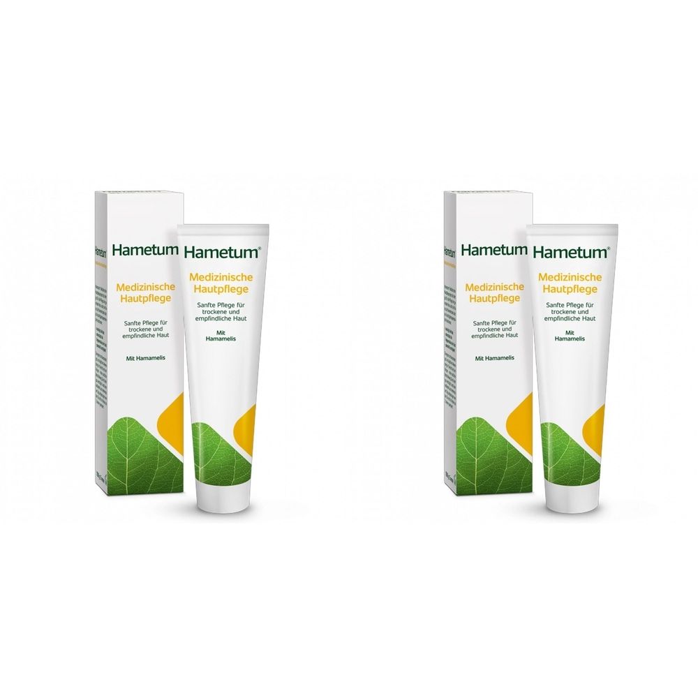 Zwei Tuben und Schachteln von Hametum Medizinische Hautpflege. Weiße Tuben mit grünen Blättern und gelben Akzenten.