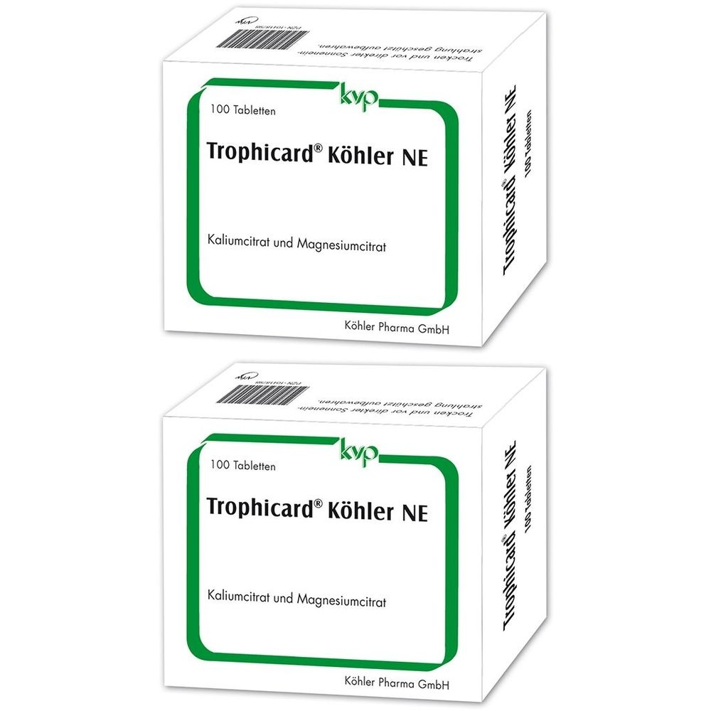 Zwei weiße Kartons mit grüner Umrandung. Aufschrift: Trophicard Köhler NE, 100 Tabletten, Kaliumcitrat und Magnesiumcitrat.