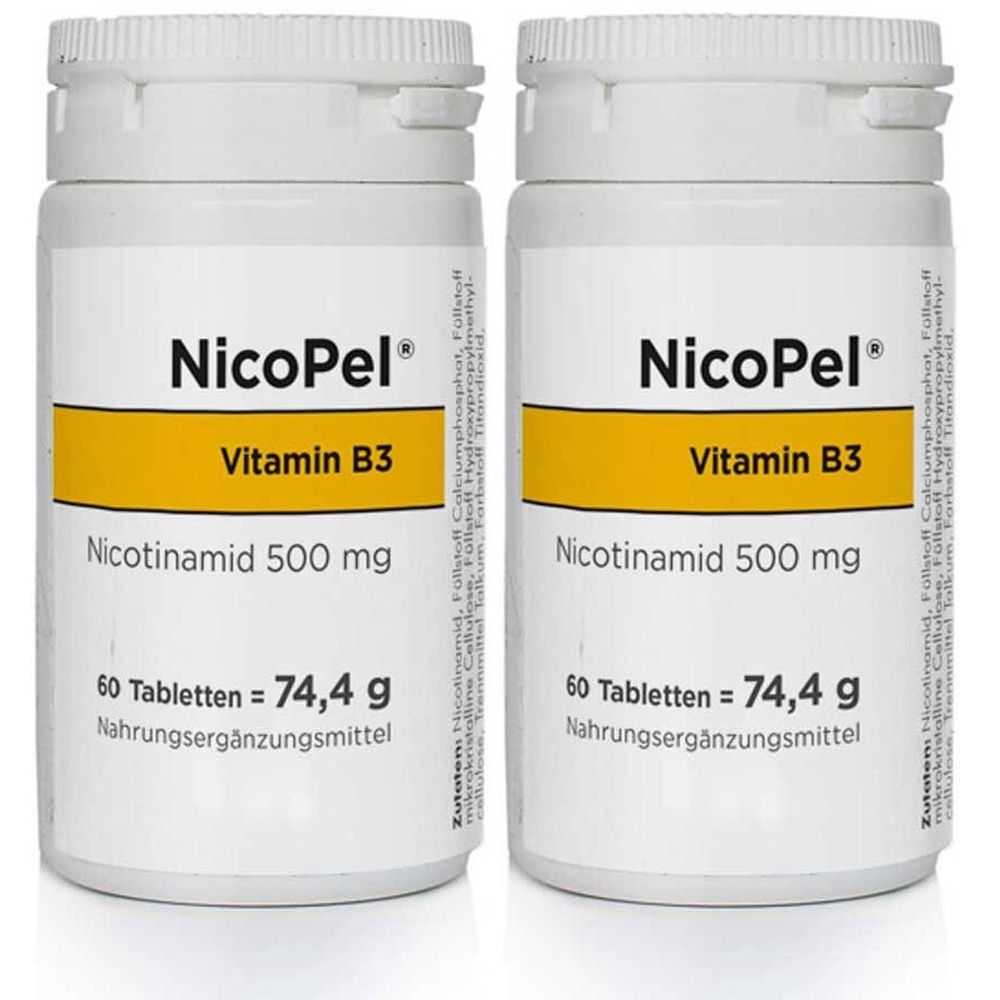 Zwei weiße Flaschen mit dem Produktnamen NicoPel und Vitamin B3. Aufschrift: Nicotinamid 500 mg, 60 Tabletten = 74,4 g, Nahrungsergänzungsmittel.