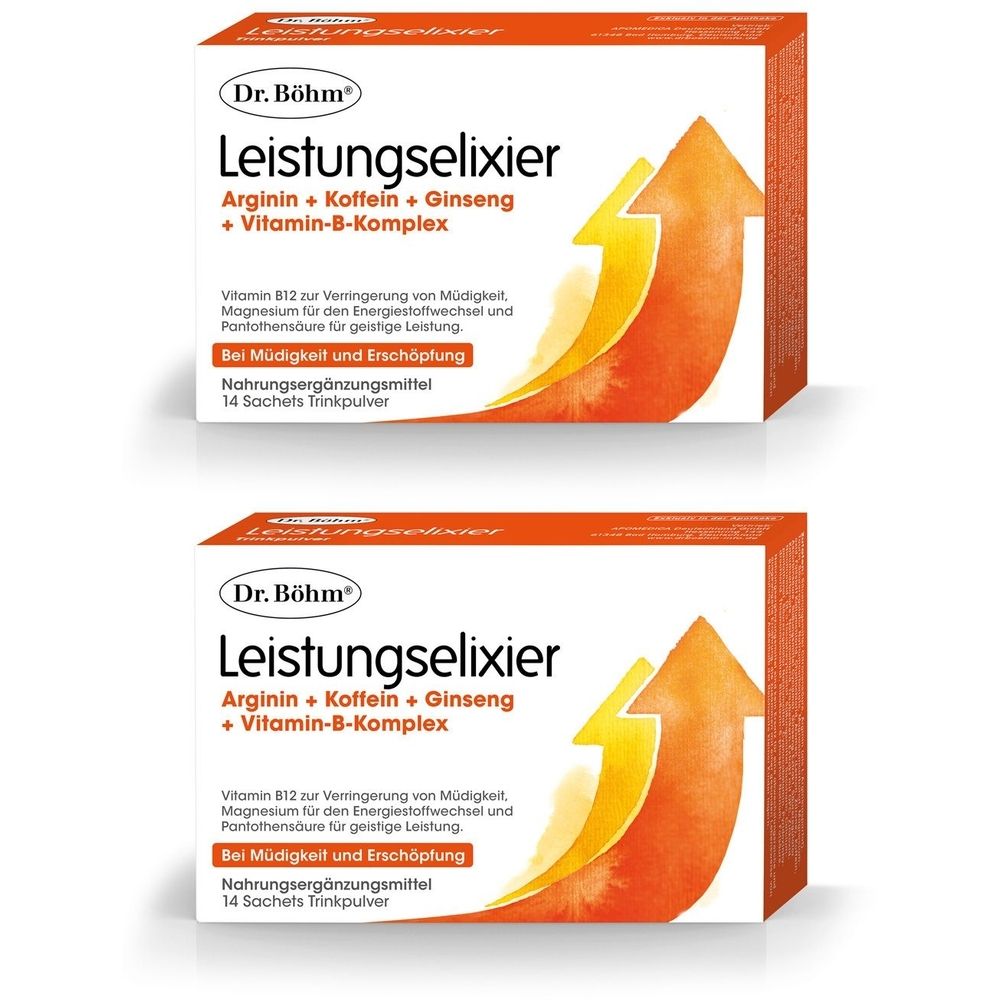 Zwei Packungen Dr. Böhm Leistungselixier. Weiße Schachteln mit Produktnamen und Inhaltsstoffen. Orangefarbener Pfeil als Designelement.