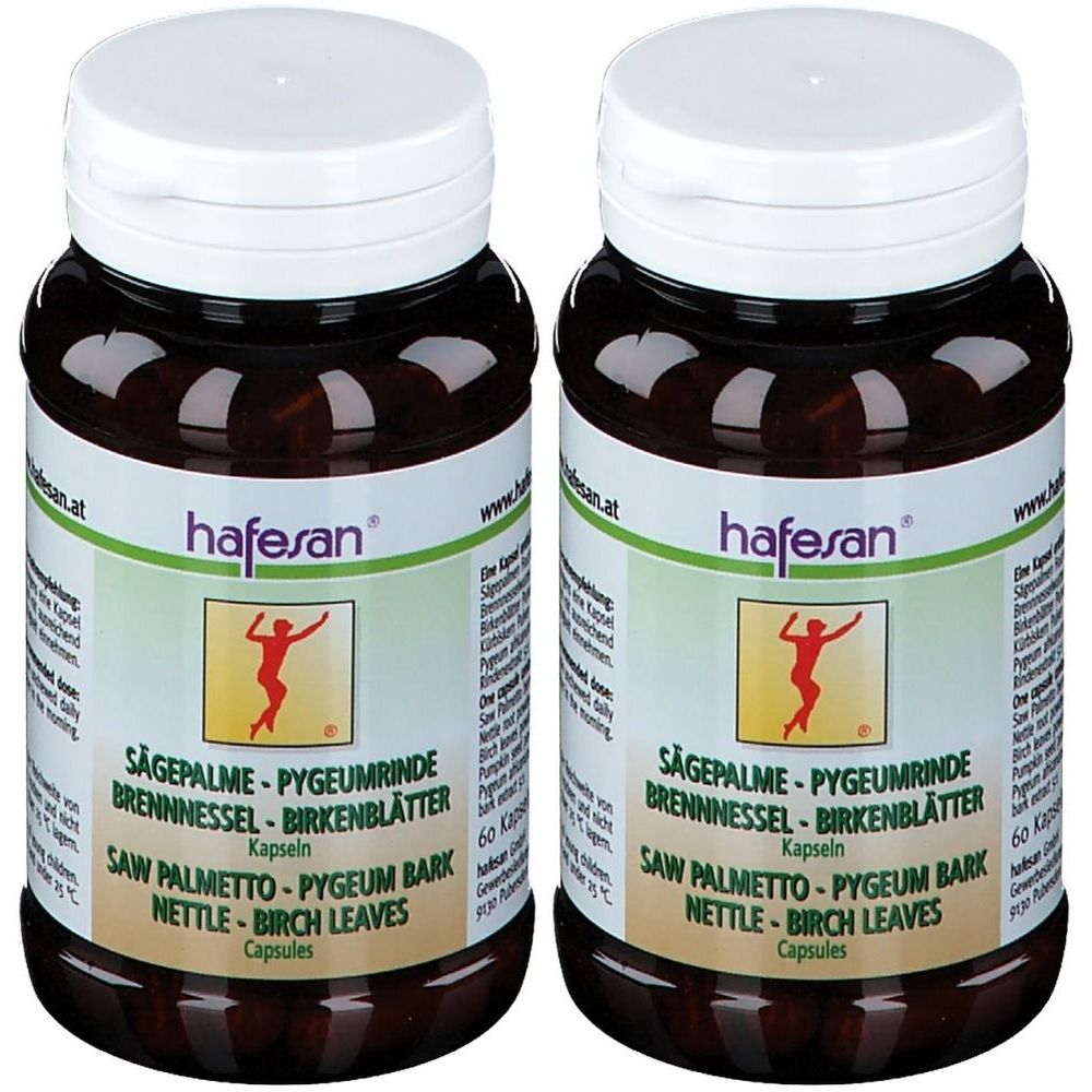 Zwei braune Pillendosen mit weißem Deckel. Aufschrift: hafesan, Sägepalme, Pygeumrinde, Brennnessel, Birkenblätter.