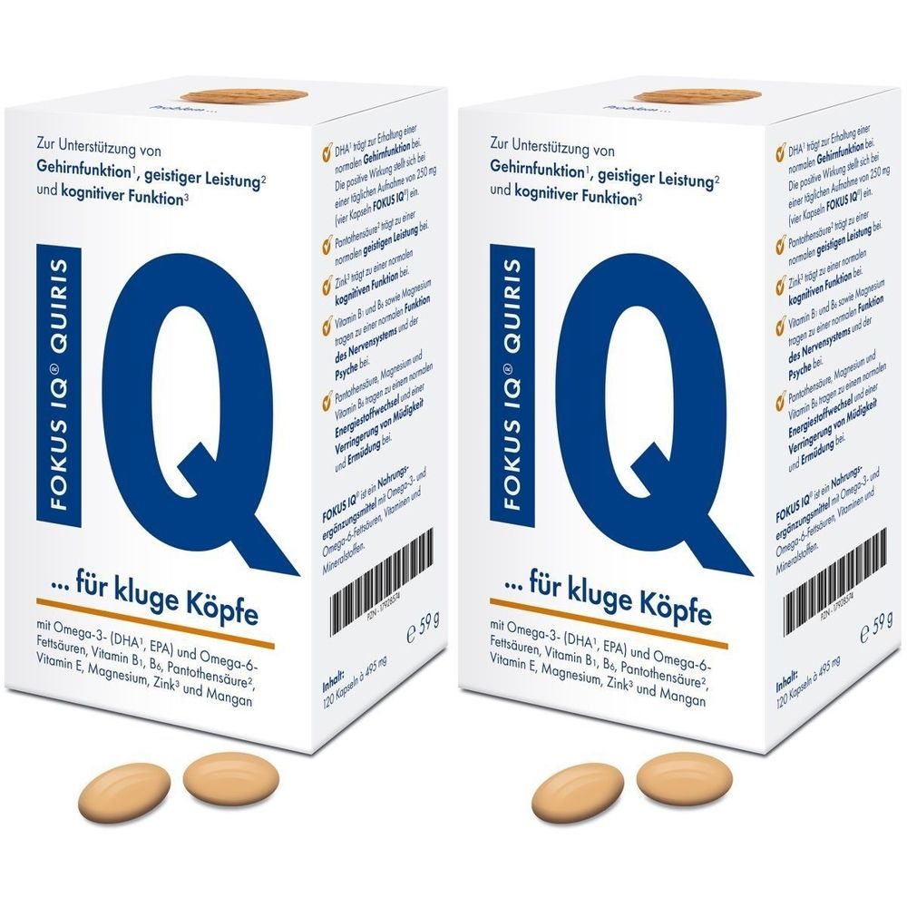 Zwei weiße Schachteln mit blauer Aufschrift FOKUS IQ QUIRIS. Daneben Kapseln. Text: „für kluge Köpfe“.