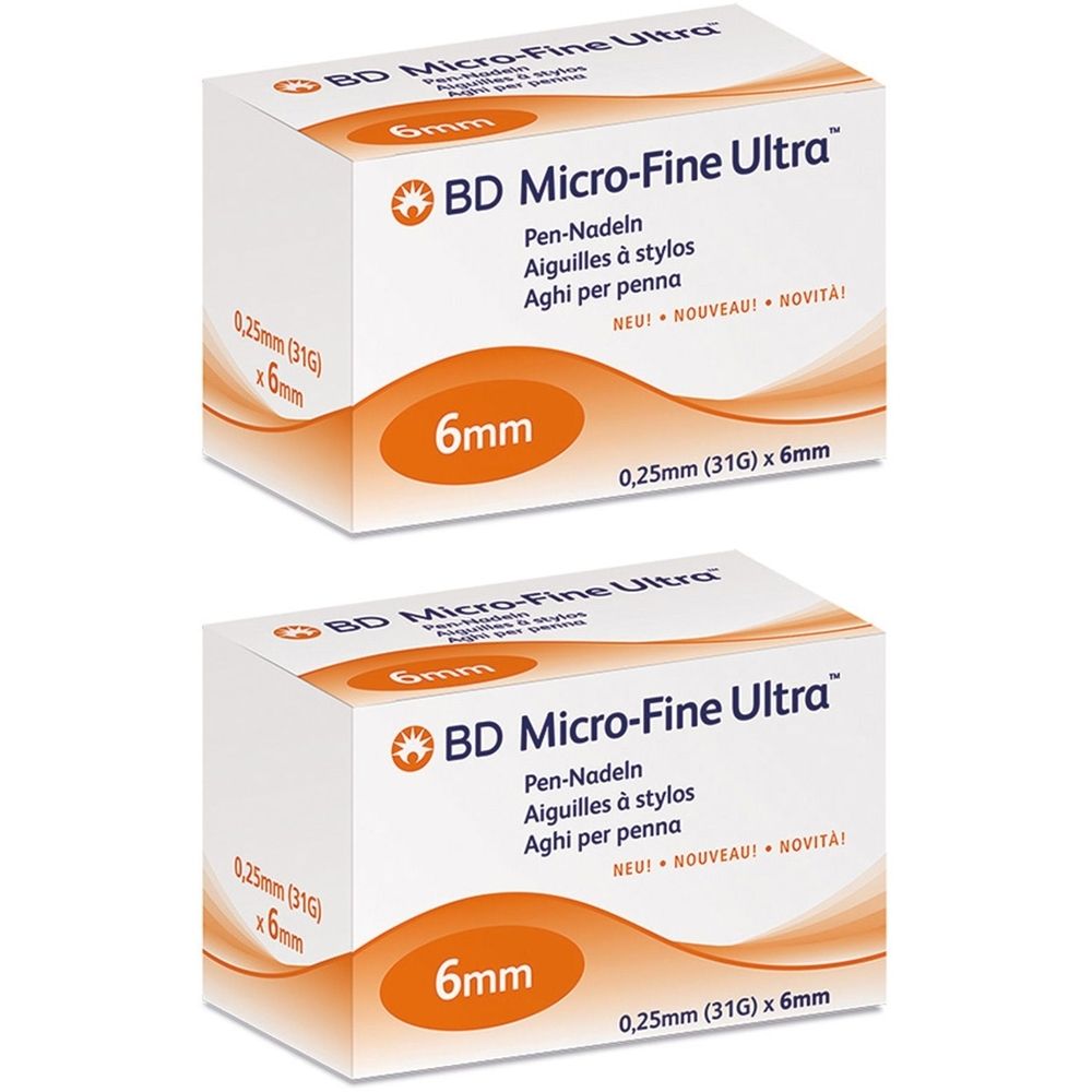 Zwei Schachteln BD Micro-Fine Ultra. Aufschrift: 6 mm, 0,25 mm (31G) x 6 mm. Mehrsprachige Produktbezeichnungen.
