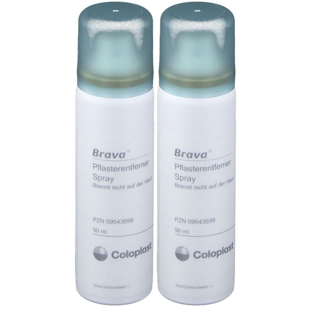 Zwei Sprays mit blauen Kappen. Aufschrift: Brava Pflasterentferner Spray. Marke: Coloplast.