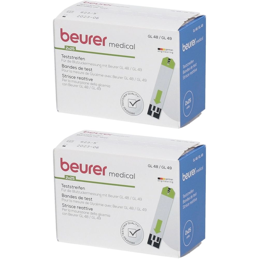 Zwei Packungen Teststreifen. Aufdrucke: beurer medical, Teststreifen, GL 48/49. Mit Qualitätszeichen.
