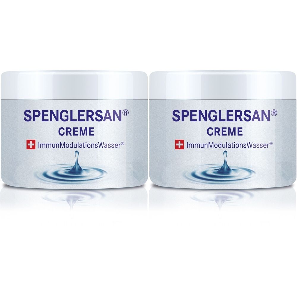 Zwei weiße Tiegel mit blauer Aufschrift SPENGLERSAN CREME. Darunter ein rotes Kreuz und Wellen. Deckel weiß.