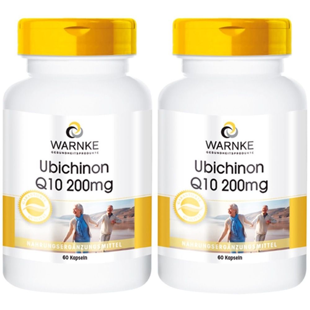 Zwei weiße Flaschen mit gelben Deckeln. Aufschrift: WARNKE Ubichinon Q10 200mg. Etikett mit älteren Menschen am Strand. 60 Kapseln.