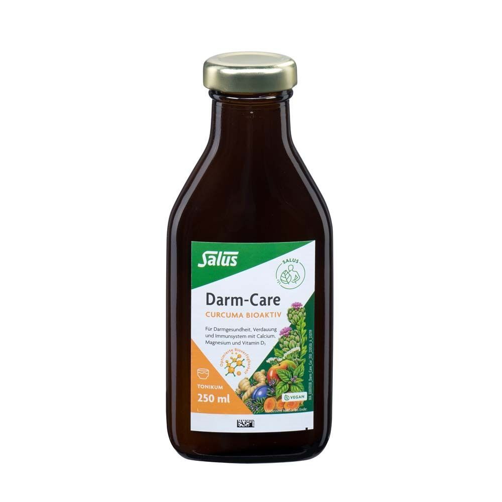 Salus Darm-Care Curcuma Bioaktiv Tonikum 250 ml Flasche mit grünem Etikett und silbernem Verschluss.