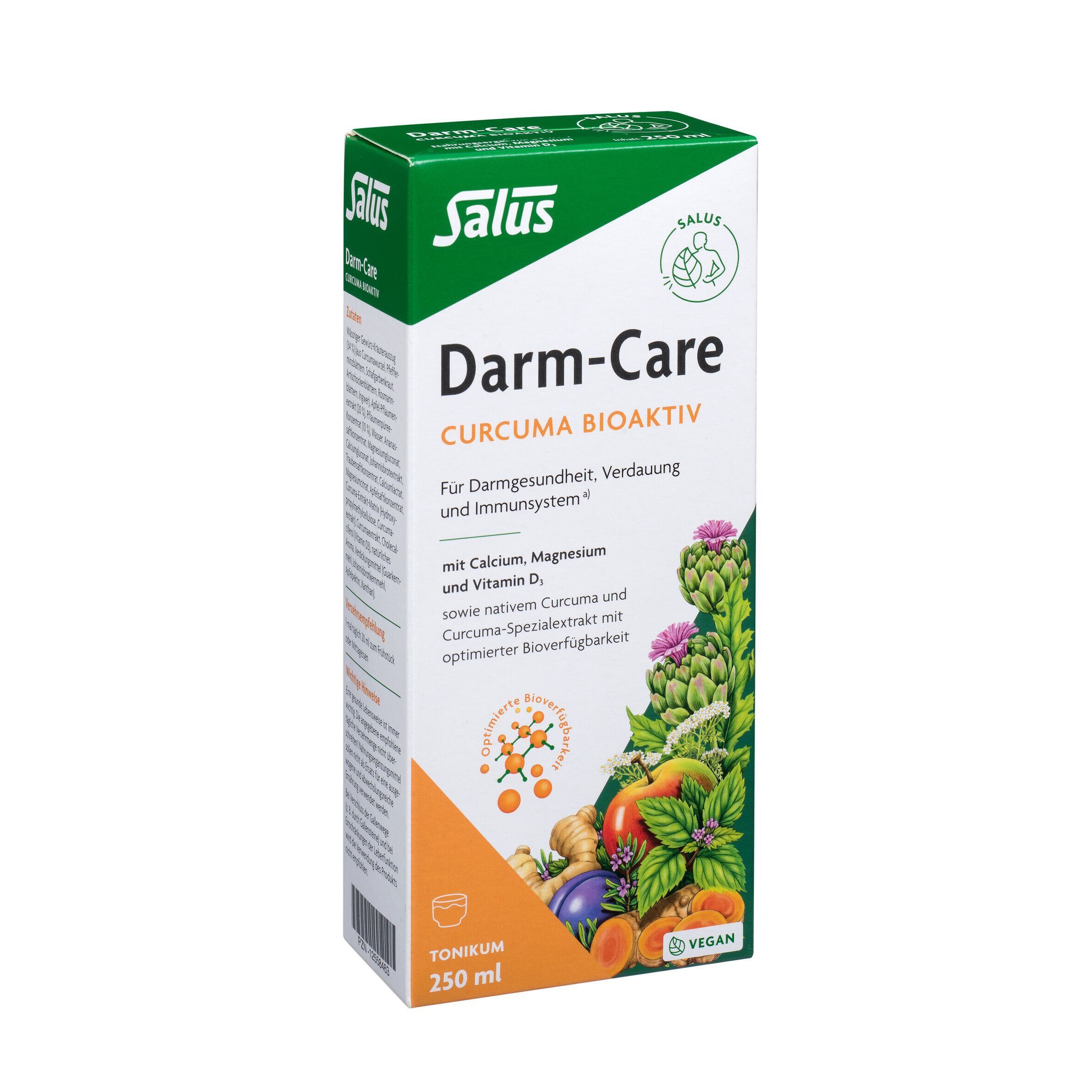 Salus Darm-Care Curcuma Bioaktiv Tonikum 250 ml Verpackung mit Abbildung von Kurkuma und Gemüse.