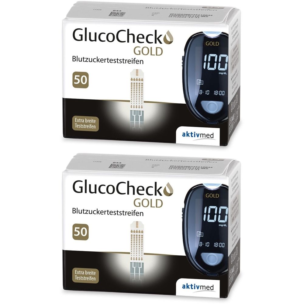 Zwei Packungen GlucoCheck GOLD Blutzuckerteststreifen. Jede Packung enthält 50 Teststreifen. Ein Messgerät zeigt 100 mg/dL an.