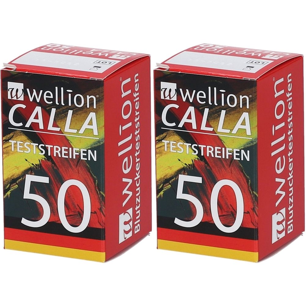 Zwei rote Kartons mit der Aufschrift "Wellion CALLA Teststreifen" und der Zahl "50". Deutsche Flagge unten.