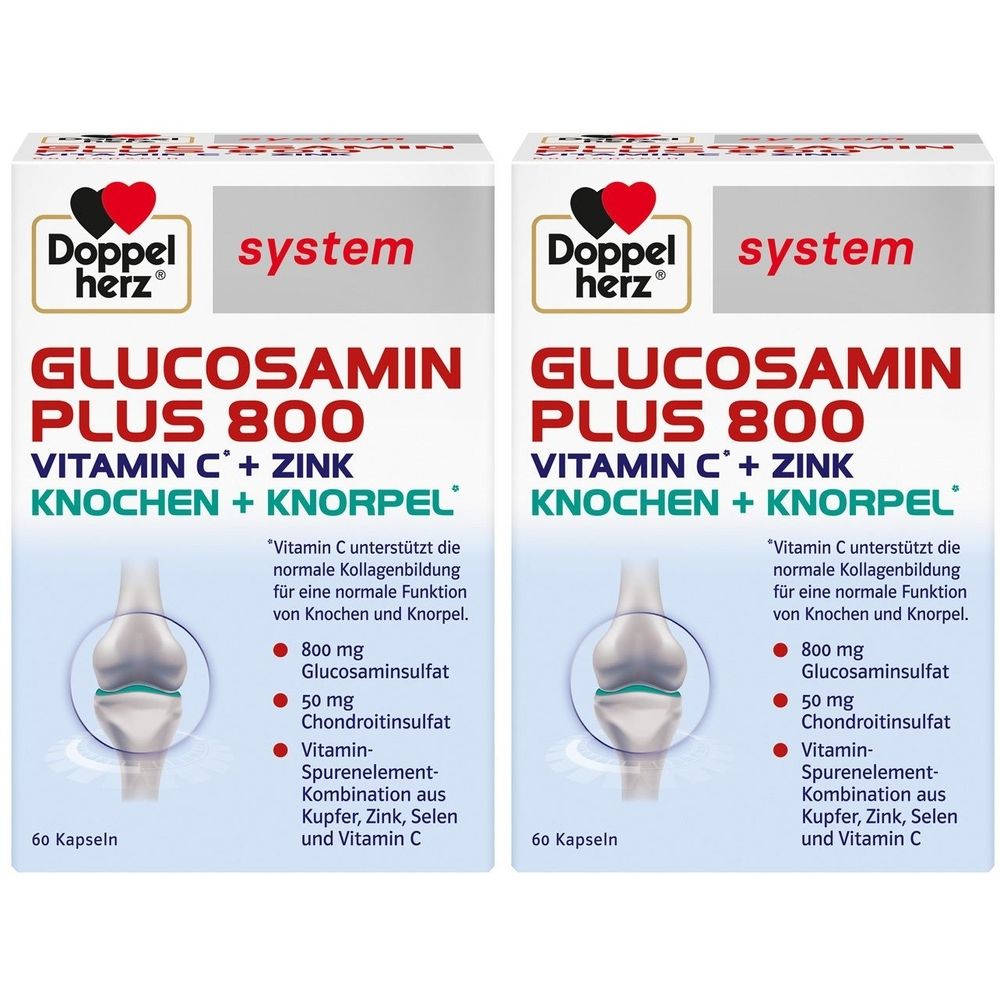 Zwei Packungen Doppelherz® system GLUCOSAMIN PLUS 800. Aufschrift: Vitamin C + Zink, Knochen + Knorpel. 60 Kapseln.