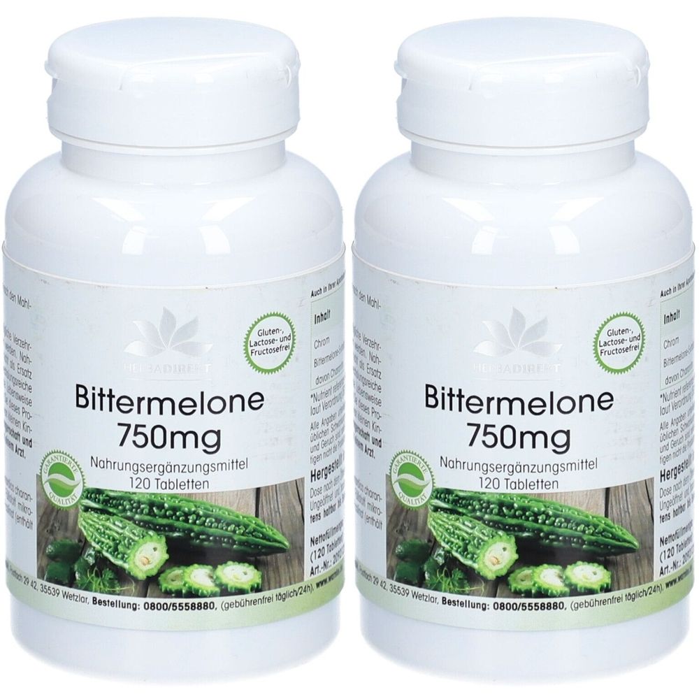 Zwei weiße Flaschen mit Bittermelone-Tabletten. Aufschrift: Bittermelone 750mg, Nahrungsergänzungsmittel, 120 Tabletten. Gluten-, Laktose- und Fructosefrei.