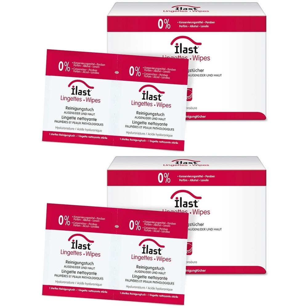 Mehrere Packungen und Einzelverpackungen von ilast® Lingettes-Wipes. Weiße Verpackung mit roter Beschriftung. Einzelverpackung mit 0% Aufdruck.