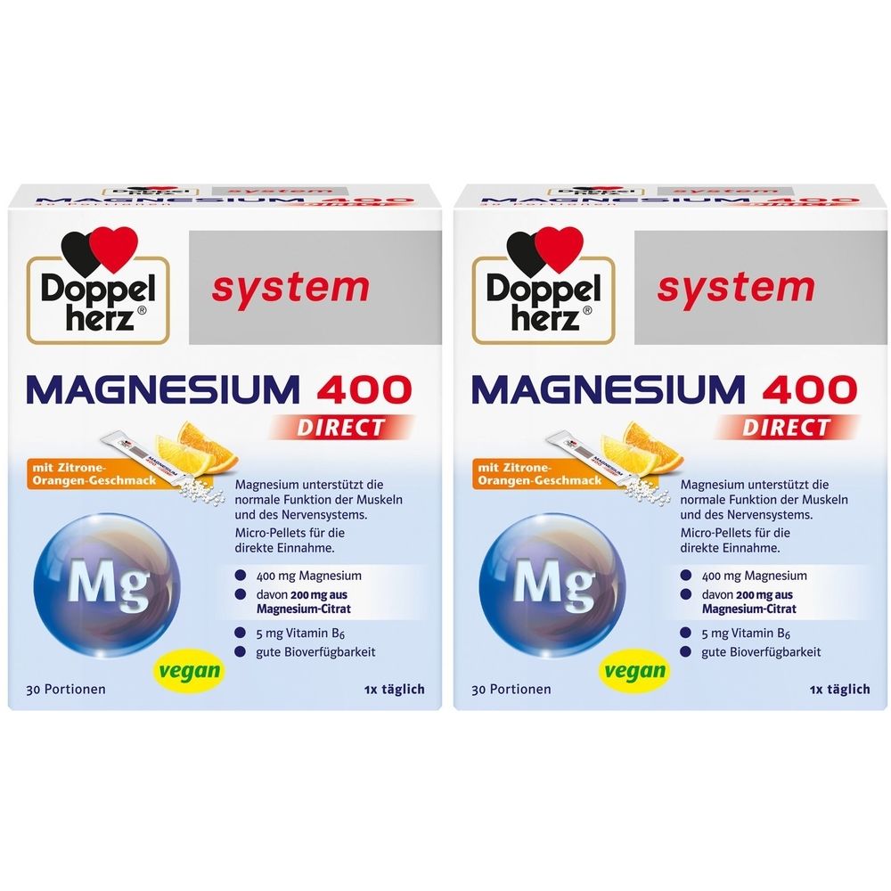 Zwei Packungen Doppelherz Magnesium 400 Direct. Weiße Schachteln mit Produktnamen, Logo und Inhaltsangaben. Vegan.