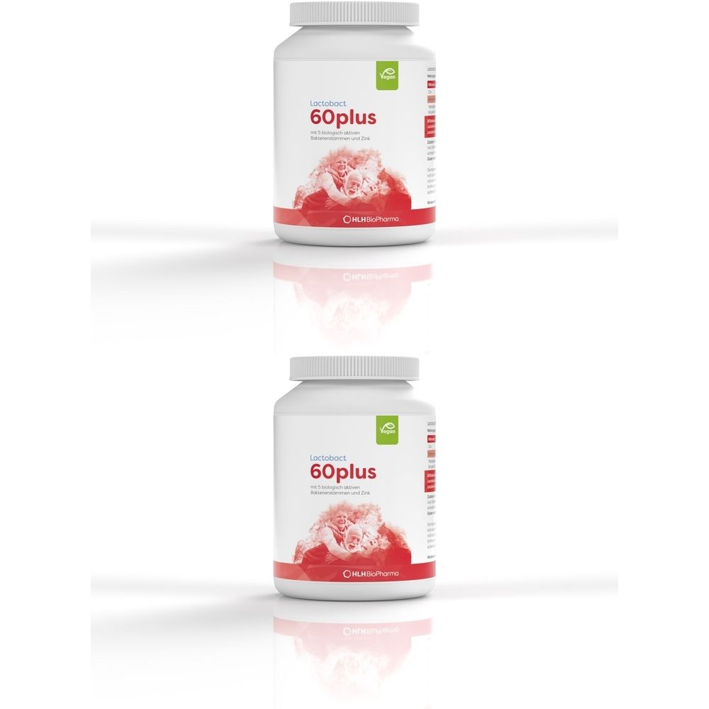 Zwei weiße Flaschen mit dem Produkt Lactobact 60plus. Roter Aufkleber mit Produktnamen und Abbildung.