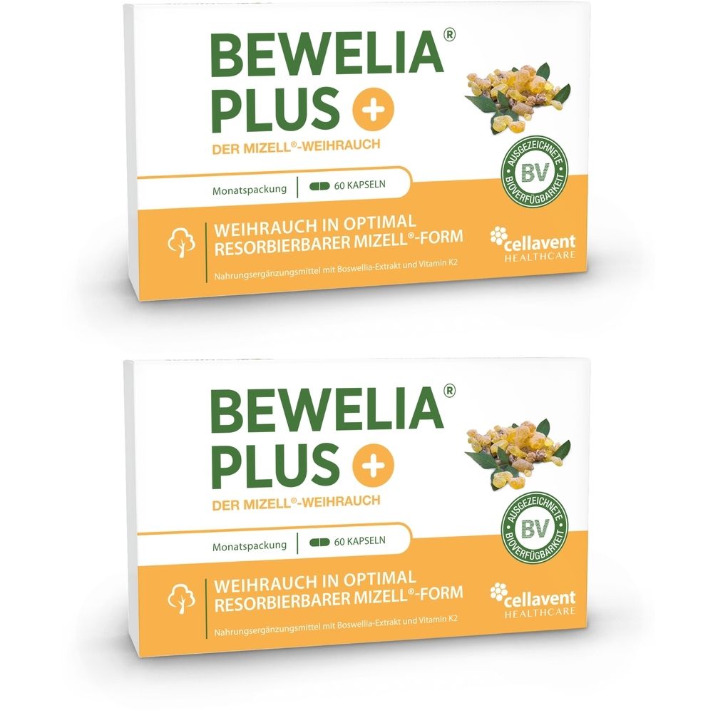 Zwei weiße Schachteln mit „BEWELIA PLUS“ Aufschrift. Enthält 60 Kapseln. Mit BV-Siegel und cellavent HEALTHCARE Logo.
